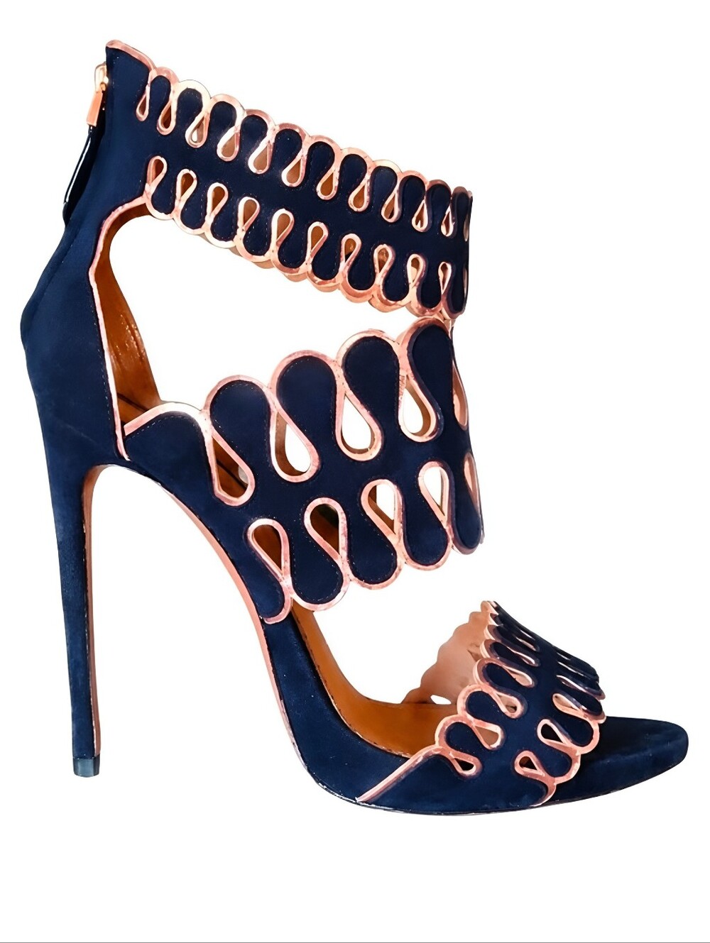 ALAIA | Laser-Cut Scalloped Suede Heels Navy & Gold EU 40 / US 10
